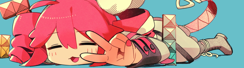 1girl, absurdres, blue_background, closed_eyes, commentary_request, drill_hair, highres, inemuri_(jdq5e), kasane_teto, kasane_teto_(sv), long_sleeves, lying, on_stomach, open_mouth, red_hair, red_nails, solo, synthesizer_v, tetris, tetromino, twin_drills, utau, v