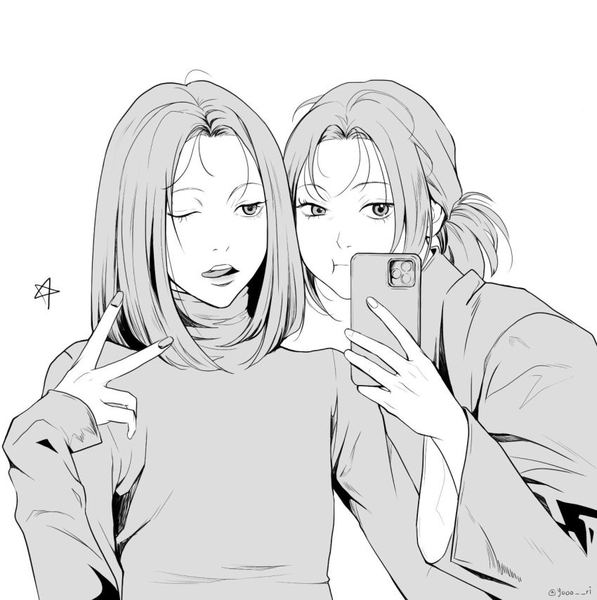 2girls, commentary, greyscale, heejin_(loona), highres, holding, holding_phone, jinsoul