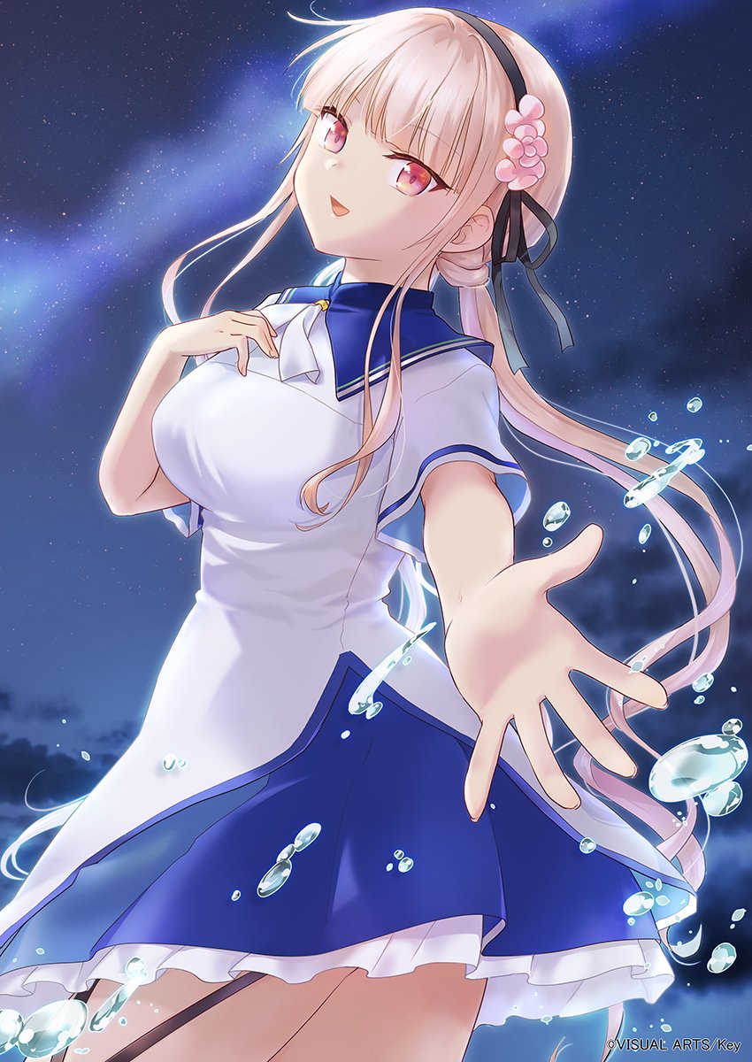 1girl, :d, anemoi, awayuki_hiiro, black_hairband, black_ribbon, blonde_hair, blue_dress