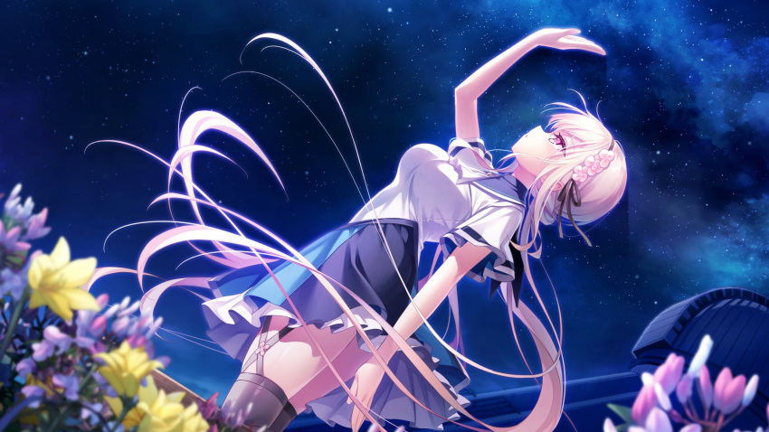 1girl, anemoi, arm_at_side, arm_up, awayuki_hiiro, black_hairband, black_ribbon, black_thighhighs