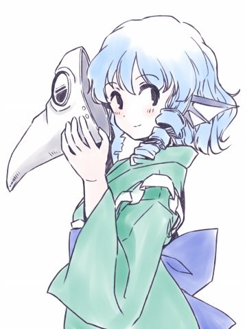 1girl, back_bow, beaked_helmet, blue_bow, blue_hair, blue_sash, blush, bow