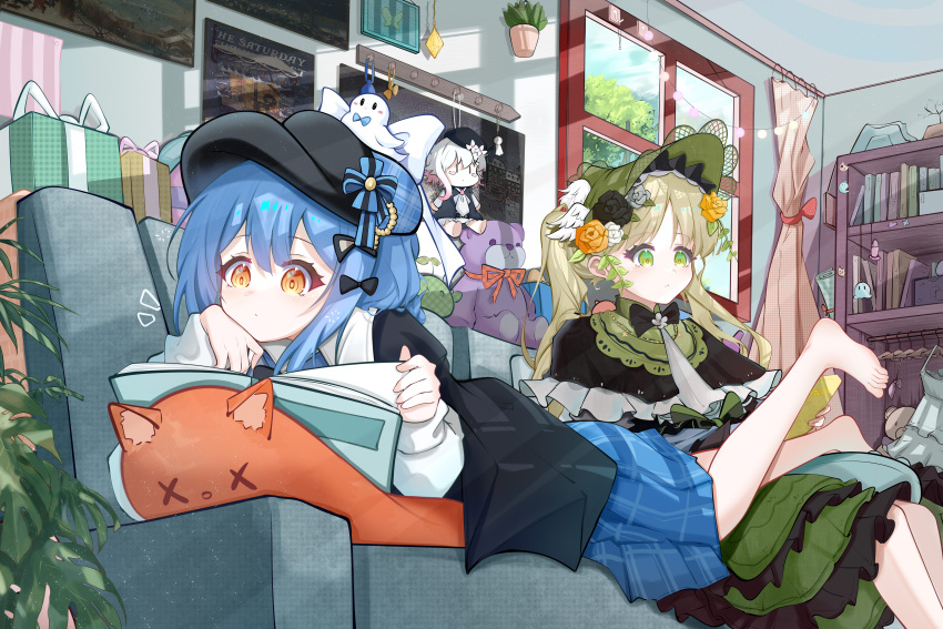 2girls, absurdly_detailed_composition, absurdres, banbanban_li, barefoot, black_capelet, black_hat, blue_hair, book, bookshelf, box, calendar_(object), capelet, checkered_clothes, checkered_skirt, commentary_request, dress, frilled_dress, frills, full_body, gift, gift_box, green_eyes, green_hair, green_hat, hair_between_eyes, hat, highres, holding, holding_book, loaded_interior, long_hair, lying, mahou_shoujo_no_majo_saiban, medium_hair, multiple_girls, on_person, on_stomach, orange_eyes, plant, poster_(object), potted_plant, reading, skirt, stuffed_animal, stuffed_cat, stuffed_toy, tachibana_sherry, teddy_bear, tono_hanna, twintails, victorian, window, yuri
