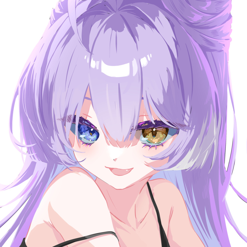 1girl, blue_eyes, chacha_(chacha0), double-parted_bangs, fang, hair_between_eyes, hashtag-only_commentary, highres, long_bangs, long_hair, looking_at_viewer, looking_to_the_side, multicolored_hair, portrait, purple_hair, simple_background, solo, spaghetti_strap, stellive, strap_slip, streaked_hair, tenko_shibuki, turning_head, virtual_youtuber, white_background, yellow_eyes