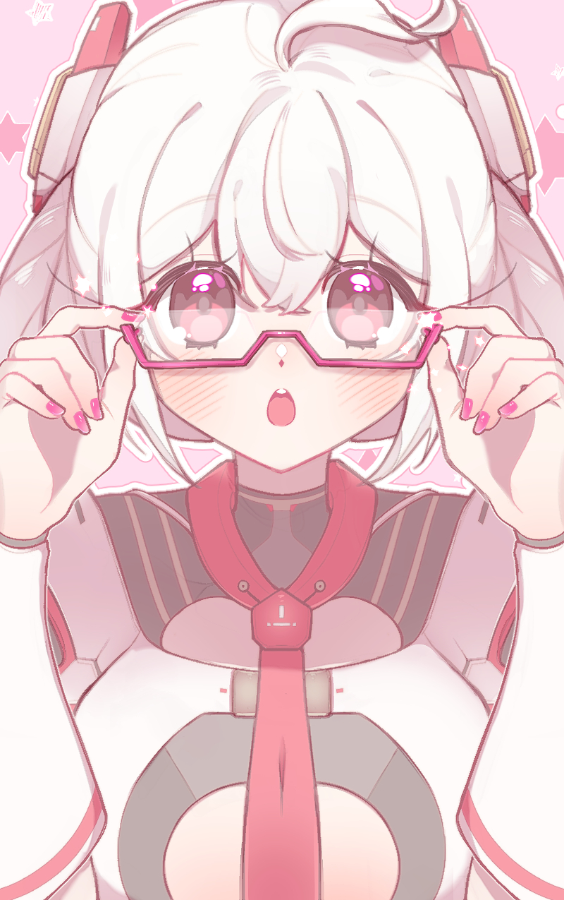 1girl, :o, adjusting_eyewear, ahoge, blush, center_opening, commentary_request, edea_cluster