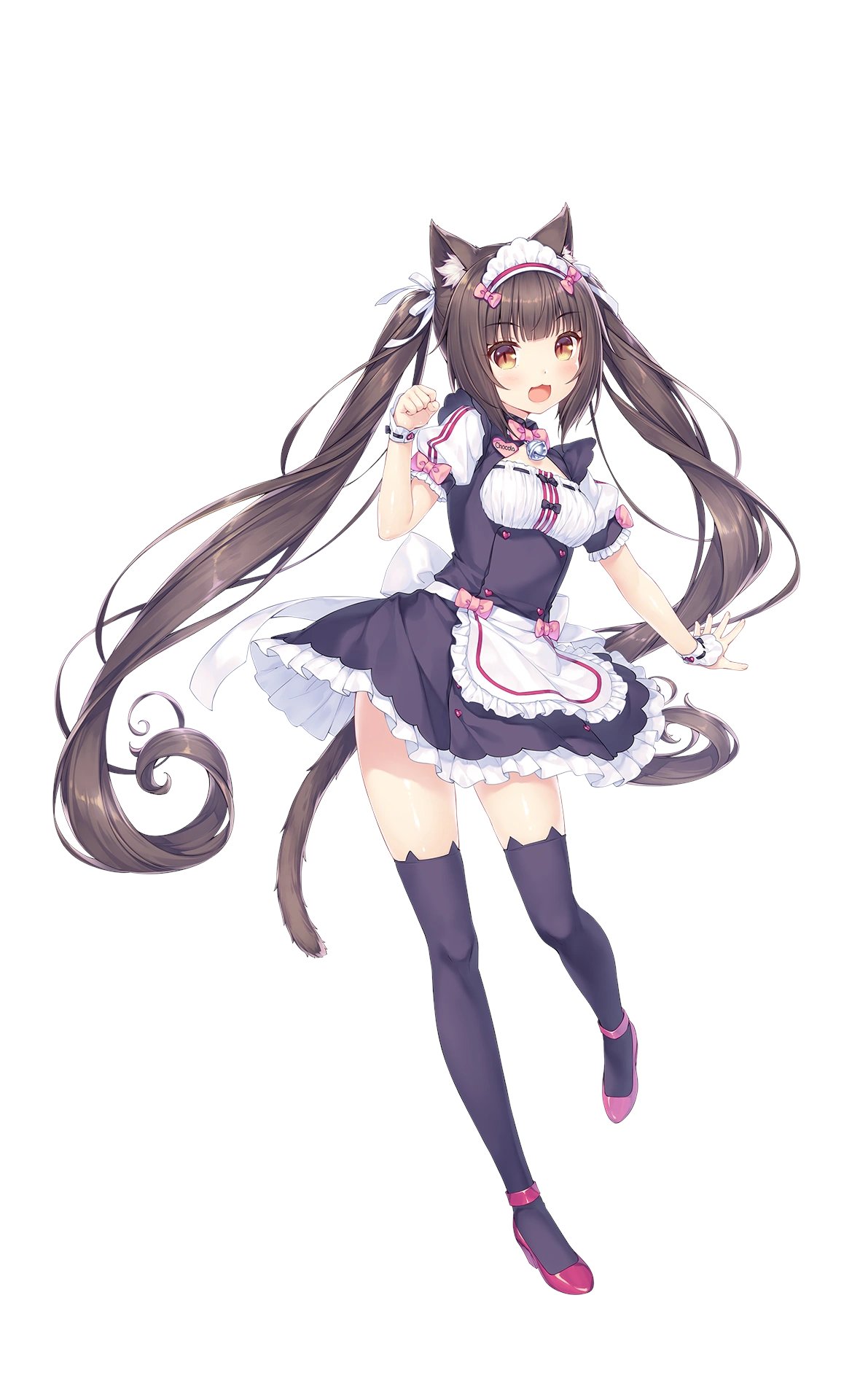 1girl, animal, animal_ears, apron, black_dress, black_thighhighs, blush, breasts, brown_eyes, brown_hair, cat_ears, cat_girl, cat_tail, character_request, claw_pose, copyright_request, dress, full_body, gnome_pasaran, highres, long_hair, long_sleeves, looking_at_viewer, maid, maid_apron, maid_headdress, medium_breasts, open_mouth, shoes, simple_background, solo, standing, tail, thigh-highs, twintails, white_background