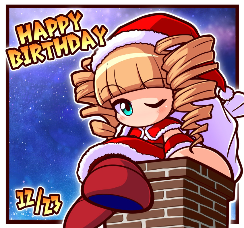 1girl, aqua_eyes, asouuuu, blonde_hair, border, capelet, chimney, drill_hair