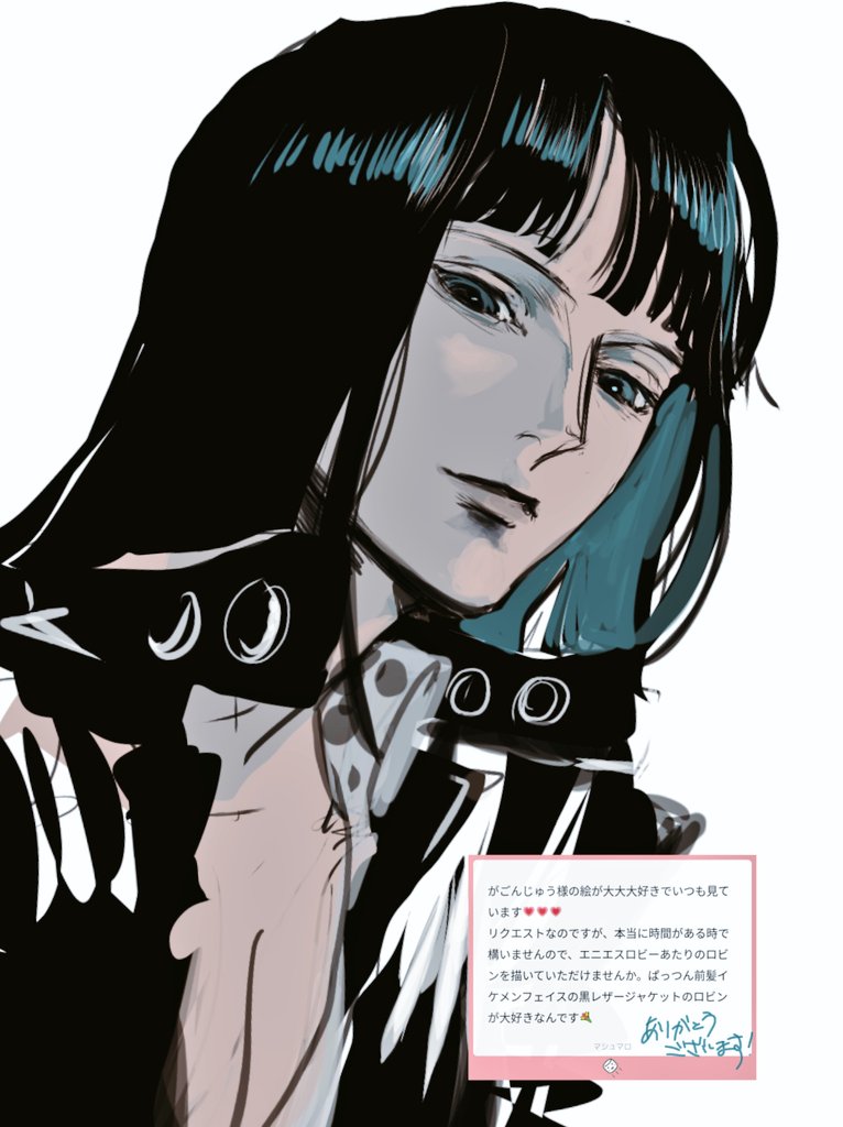 1girl, black_dress, black_hair, blue_eyes, blunt_bangs, closed_mouth, commentary_request, dress