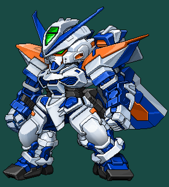 arms_at_sides, chibi, clenched_hands, commentary_request, full_body, green_background, green_eyes, gundam, gundam_astray_blue_frame, gundam_astray_blue_frame_second_l, gundam_seed, gundam_seed_astray, korean_commentary, mecha, mecha_focus, mobile_suit, no_humans, robot, science_fiction, sd_gundam, simple_background, solo, standing, superphotrone, sword, sword_on_back, v-fin, weapon, weapon_on_back