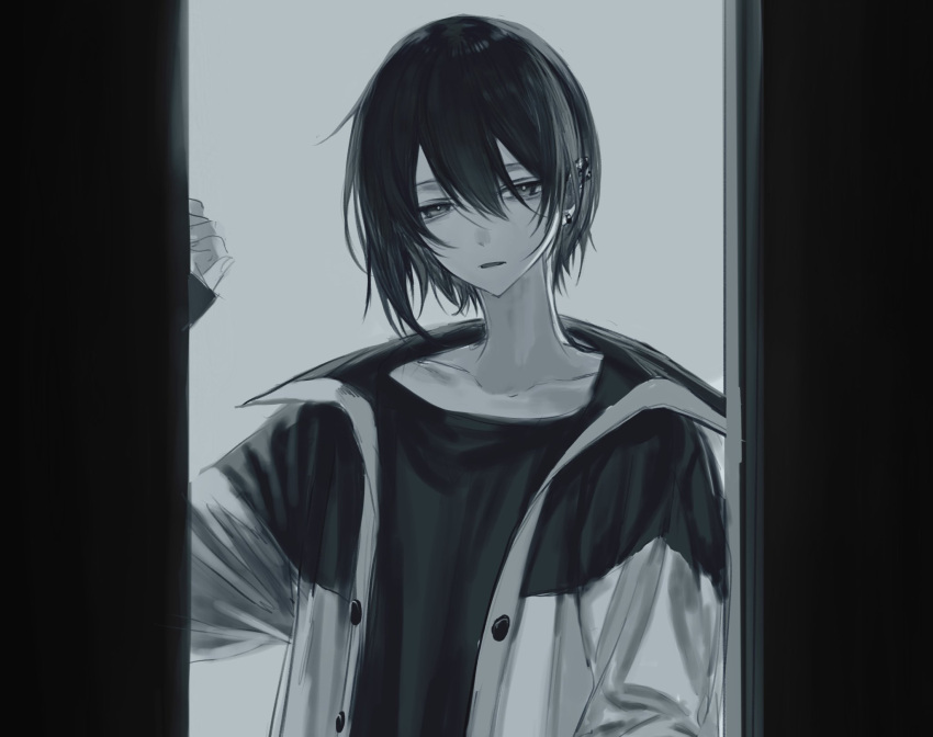1boy, bags_under_eyes, buttons, collarbone, double-parted_bangs, ear_cuffs, earrings, expressionless