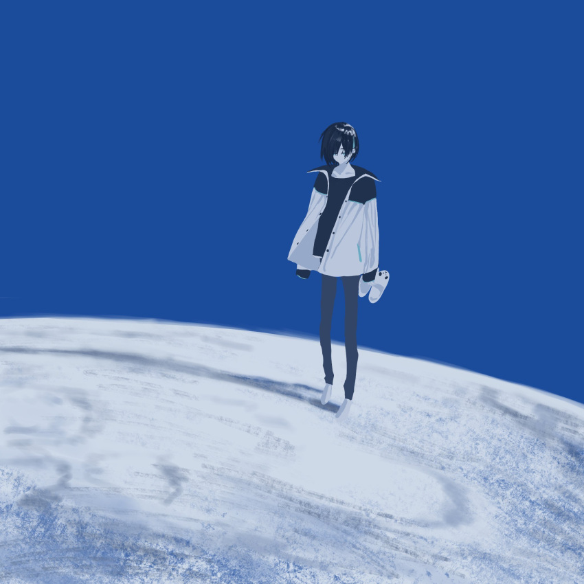 1boy, animal_slippers, aqua_hair, black_hair, black_jacket, black_shirt, blue_eyes, blue_sky