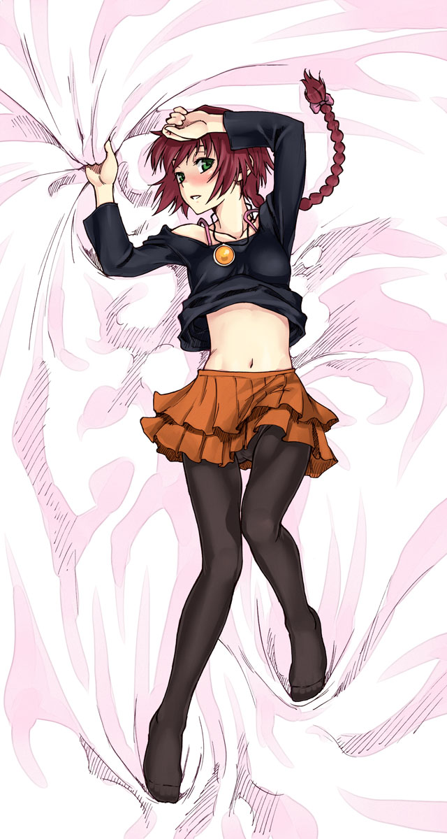 as-special, braid, dakimakura, darker_than_black, feet, green_eyes, highres, legs, lying, midriff, navel, panties, panties_under_pantyhose, pantyhose, red_hair, redhead, satou_atsuki, sheet_grab, sheets, suou_pavlichenko, underwear