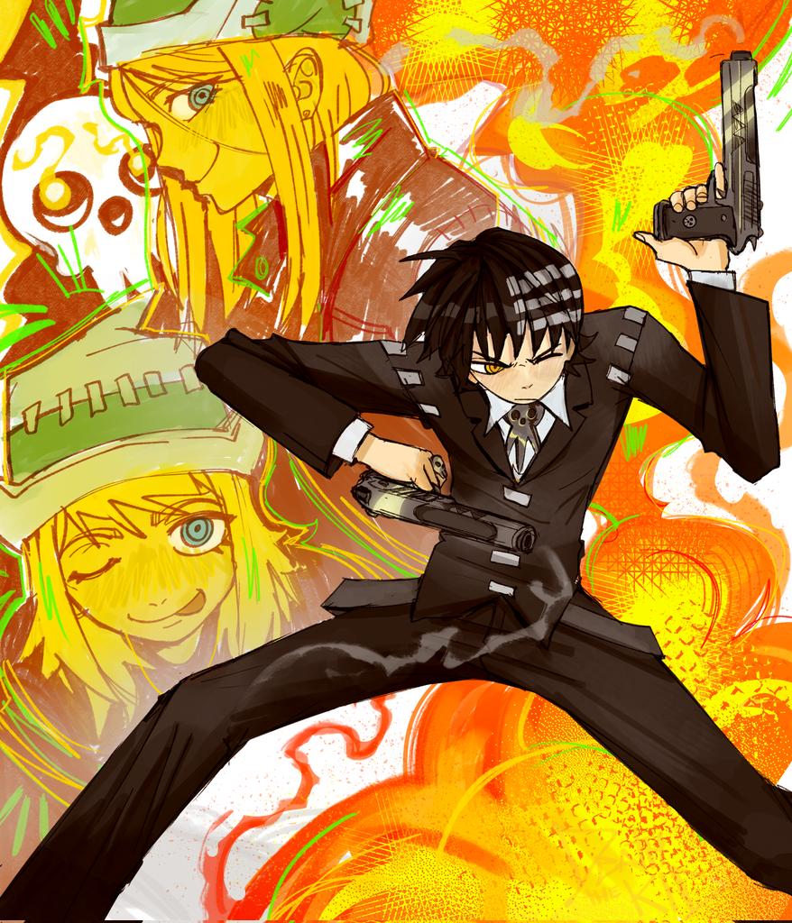 2boys, 2girls, ;p, black_hair, black_suit, blonde_hair, blue_eyes, blush
