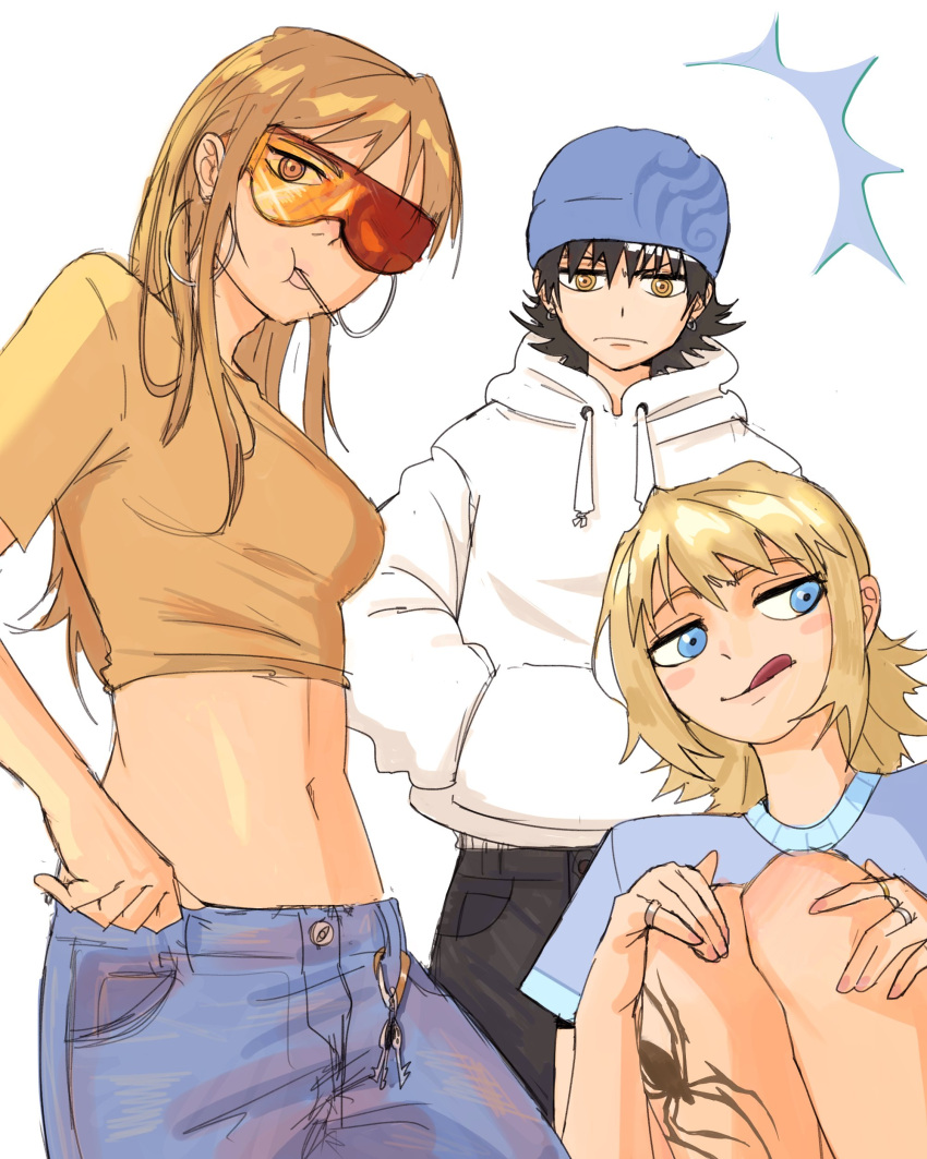 1boy, 2girls, absurdres, black_hair, blonde_hair, blue_eyes, blue_hat, blush_stickers