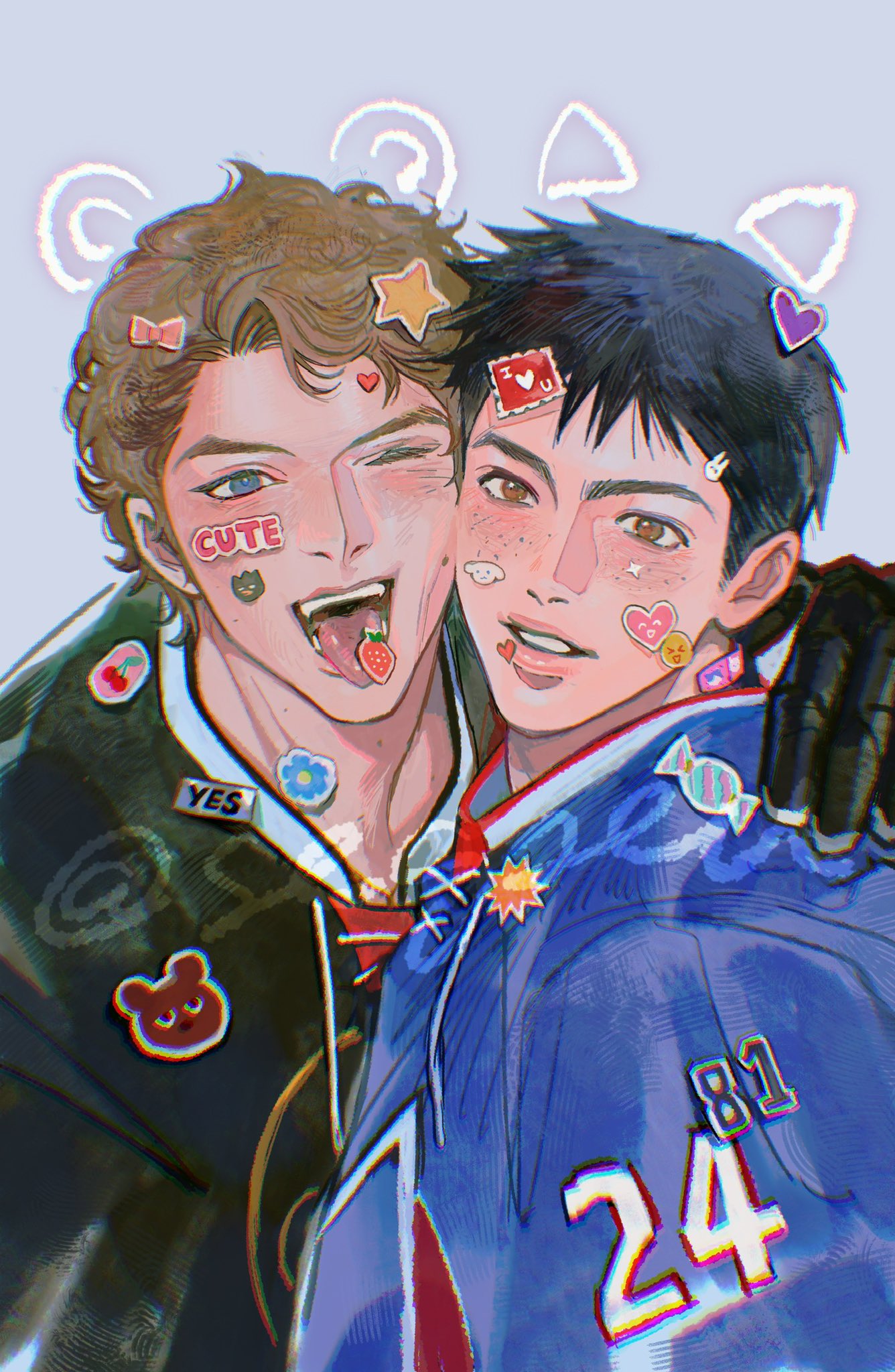 2boys, black_hair, blush, brown_hair, cheek-to-cheek, commentary, english_commentary, freckles