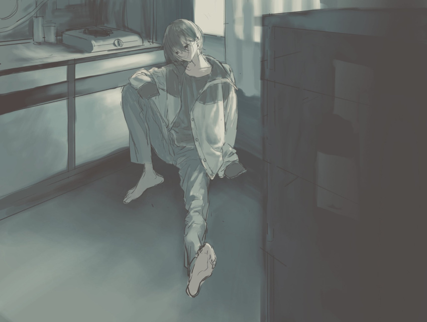 1boy, alternate_eye_color, aqua_hair, aqua_streaks, barefoot, black_eyes, black_hair, black_jacket