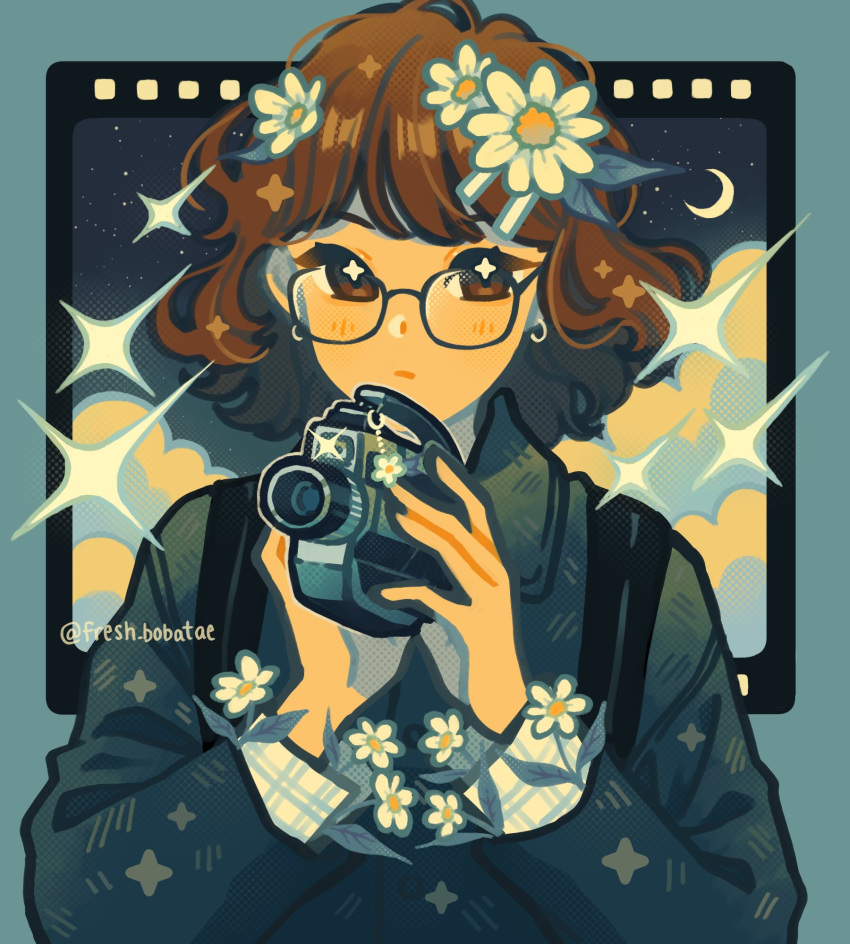 1girl, blue_background, blue_jacket, blue_sky, blue_theme, brown_eyes, brown_hair, camera, closed_mouth, clouds, collared_shirt, commentary, crescent_moon, emily_kim, english_commentary, film_strip, flower, flower_charm, glasses, hair_flower, hair_ornament, halftone, highres, holding, holding_camera, jacket, long_sleeves, looking_at_viewer, medium_hair, moon, night_sky, original, plaid_clothes, plaid_shirt, portrait, shirt, signature, simple_background, sky, solo, sparkle, sparkling_eyes, star_(sky), starry_sky, suspenders, twitter_username, wavy_hair, white_flower, white_shirt