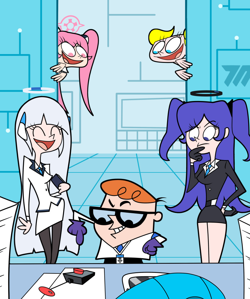 1boy, 4girls, ^_^, absurdres, armband, belt, black_belt, black_gloves