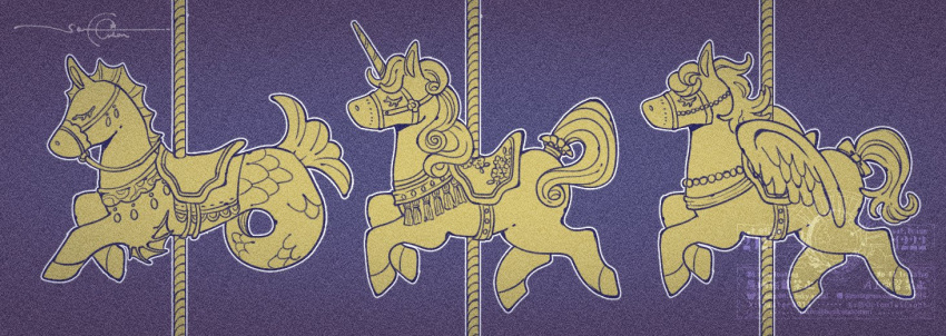 arm_fins, artist_logo, aster0014, blue_background, body_fins, bow, bridle, carousel