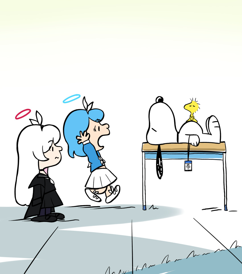 2girls, 2others, :o, absurdres, aqua_hair, aqua_halo, arona_(blue_archive), bird