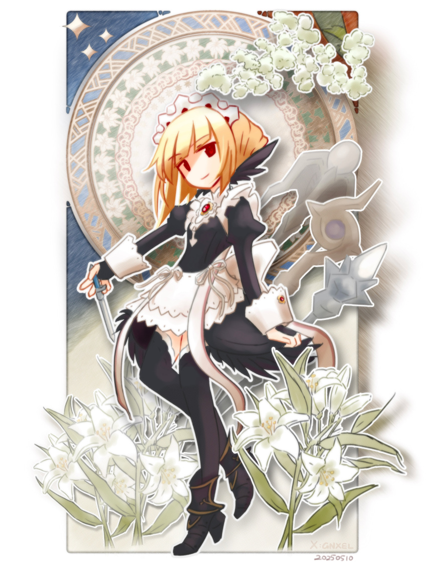 1girl, absurdres, apron, black_boots, black_thighhighs, blonde_hair, bob_cut, boots