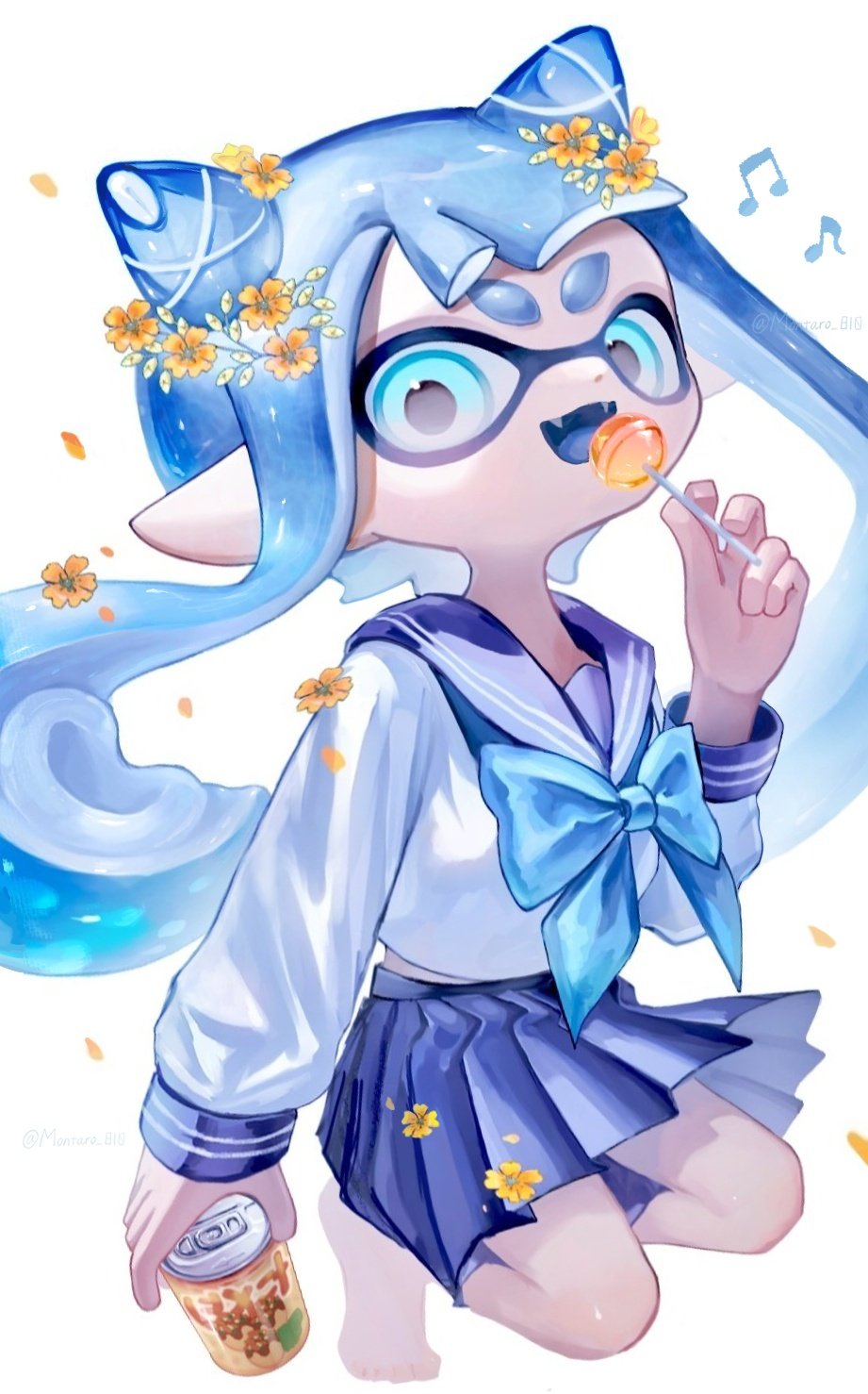 1girl, blue_bow, blue_eyes, blue_hair, blue_sailor_collar, blue_skirt, bow, can