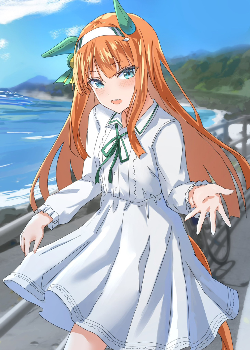 1girl, alumina_(kennmeidesu), animal_ears, blue_eyes, blue_sky, blunt_bangs, blush, collared_shirt