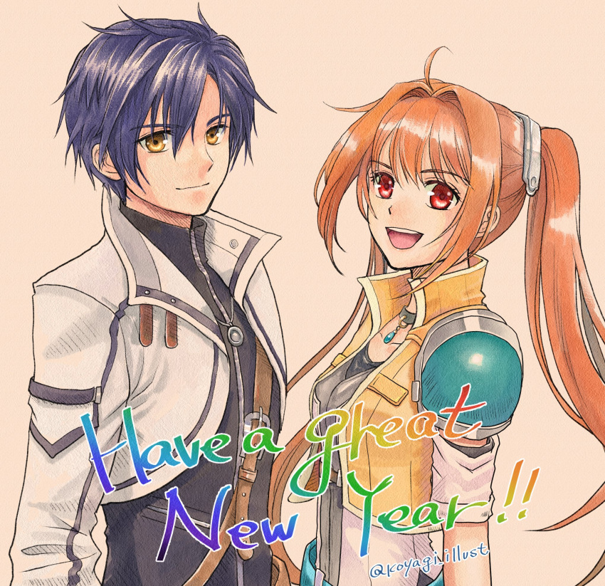 1boy, 1girl, ahoge, antenna_hair, armor, blue_hair, breasts, brown_background