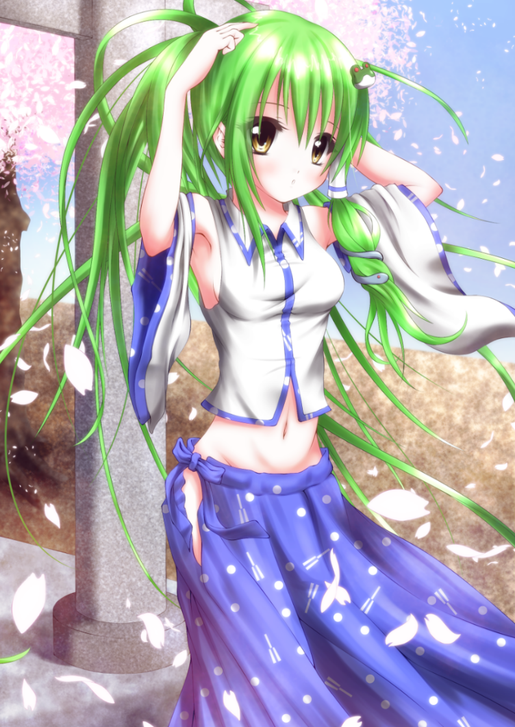 armpits, arms_up, aruha, bad_id, blush, cherry_blossoms, detached_sleeves, frog
