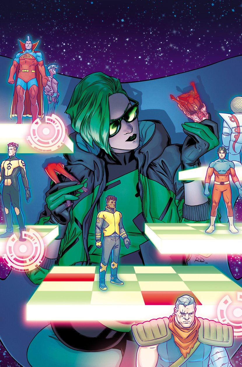 3girls, 6+boys, black_dress, black_gloves, black_jacket, bodysuit, cable_(marvel), cannonball_(x-men), character_doll, character_request, chessboard, comic_cover, commentary, dark-skinned_female, dark-skinned_male, dark_skin, doll, dress, english_commentary, gloves, green_dress, green_gloves, green_hair, green_jacket, green_lips, highres, jacket, looking_to_the_side, lorna_dane, marvel, matt_wilson, multicolored_bodysuit, multicolored_dress, multicolored_gloves, multicolored_jacket, multiple_boys, multiple_girls, muscular, muscular_male, official_alternate_costume, official_alternate_hair_length, official_alternate_hairstyle, official_art, polaris_(x-men), red_bodysuit, russell_dauterman, sitting, storm_(x-men), sunglasses, superhero_costume, two-tone_dress, two-tone_gloves, two-tone_jacket, western_comics_(style), white_hair, x-men, x-uniform