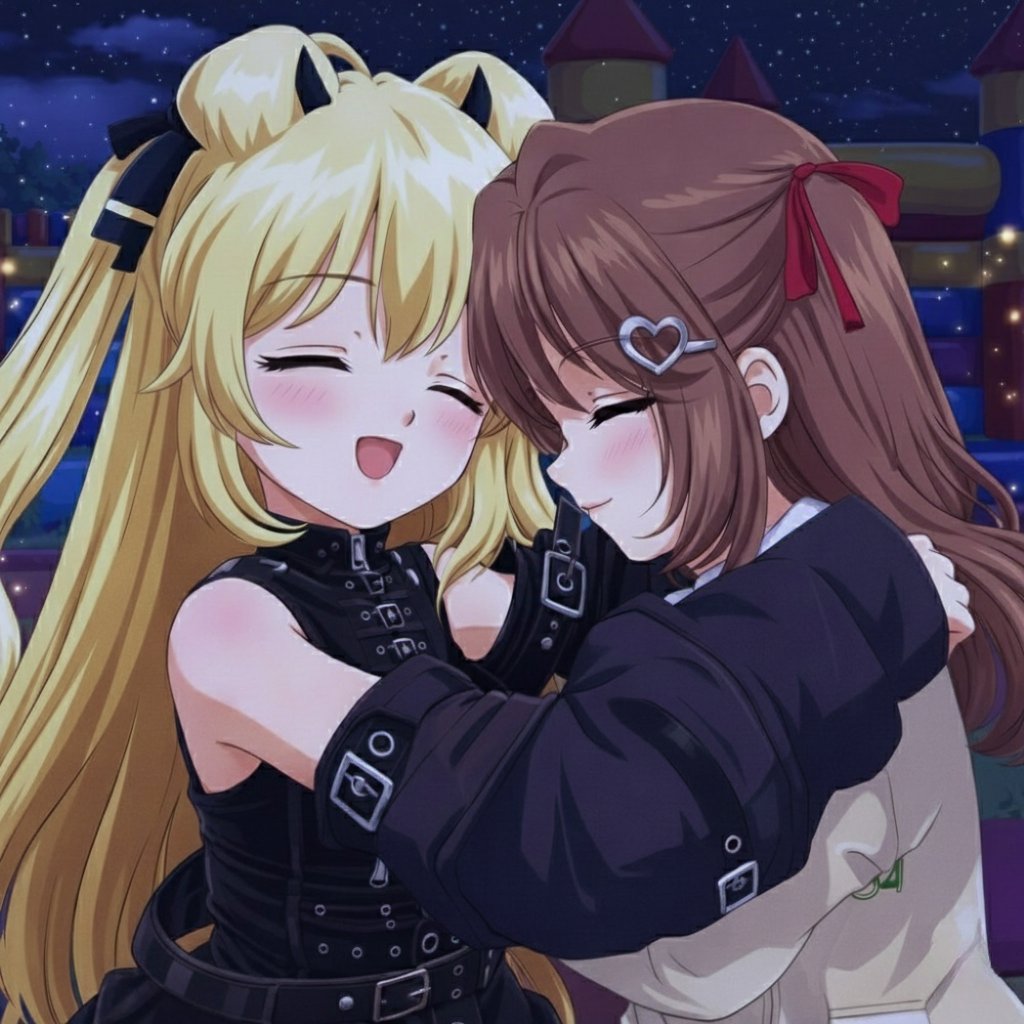 2girls, animal_ears, arm_belt, belt, black_arm_warmers, black_belt, black_ribbon, blonde_hair, bouncy_house, brown_hair, cardigan, cerber_(vtuber), closed_eyes, commentary, dog_ears, dog_girl, english_commentary, forehead-to-forehead, hair_ornament, hair_ribbon, heads_together, heart, heart_hair_ornament, hug, indie_virtual_youtuber, long_hair, multiple_girls, neuro-sama, night, open_mouth, outdoors, red_ribbon, ribbon, shirt, sky, sleeveless, sleeveless_shirt, star_(sky), starry_sky, turtleneck, turtleneck_shirt, two_side_up, unclecracker18, upper_body, vedal_ai, virtual_youtuber, vrchat, yellow_cardigan