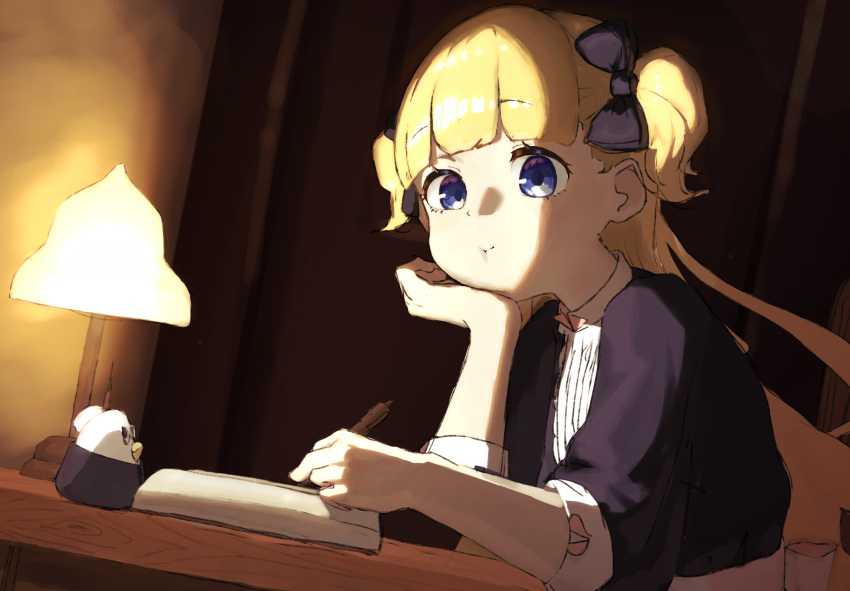 1girl, absurdres, blonde_hair, blue_eyes, blunt_bangs, commentary_request, dimly_lit_room, emilico_(shadows_house)