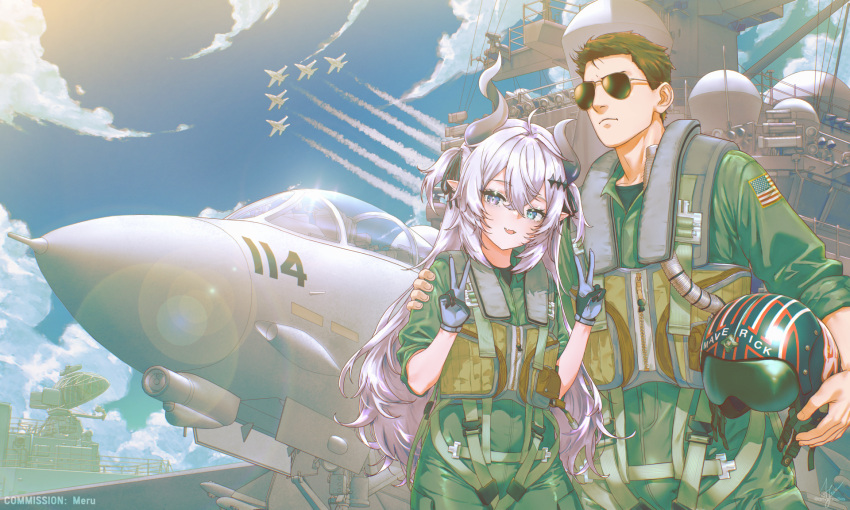 1boy, 1girl, aircraft, airplane, american_flag, anversailles, battleship, commentary, commission, double_v, dragon_girl, english_commentary, gloves, hair_ornament, hand_on_another's_arm, helmet, heterochromia, highres, holding, holding_unworn_helmet, horns, indie_virtual_youtuber, long_hair, military, military_vehicle, pete_"maverick"_mitchell, pointy_ears, ship, sunglasses, top_gun, unworn_headwear, unworn_helmet, v, vaipyre_(vtuber), warship, watercraft