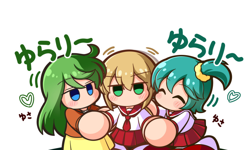 3girls, asouuuu, blonde_hair, blue_eyes, brown_jacket, closed_eyes, green_eyes, green_hair