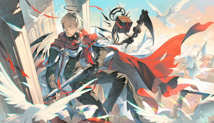 1boy, absurdres, arknights, bird, black_gloves, black_halo, black_jacket, black_pants
