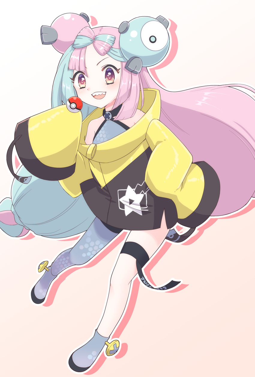 1girl, :d, absurdres, bow-shaped_hair, character_hair_ornament, commentary, grey_pantyhose, grey_shirt, grey_shoes, hair_ornament, hand_up, happy, highres, iono_(pokemon), jacket, kuma_king, long_hair, long_sleeves, multicolored_hair, open_mouth, outline, pantyhose, pokemon, pokemon_sv, shirt, shoes, single_leg_pantyhose, sleeves_past_fingers, sleeves_past_wrists, smile, solo, star_(symbol), star_print, teeth, twintails, two-tone_hair, upper_teeth_only, yellow_jacket