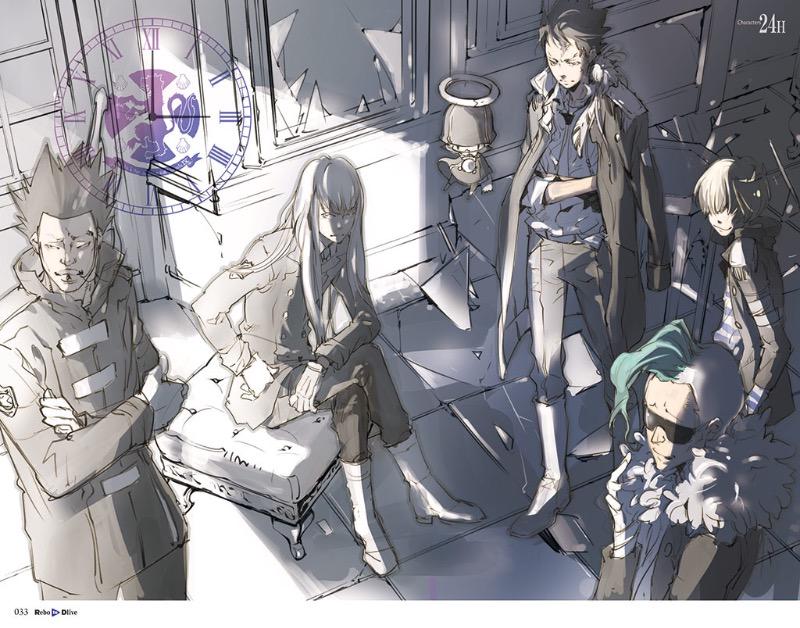 5boys, belphegor_(reborn), black_hair, blonde_hair, green_hair, grey_hair, grin, hair_over_eyes
