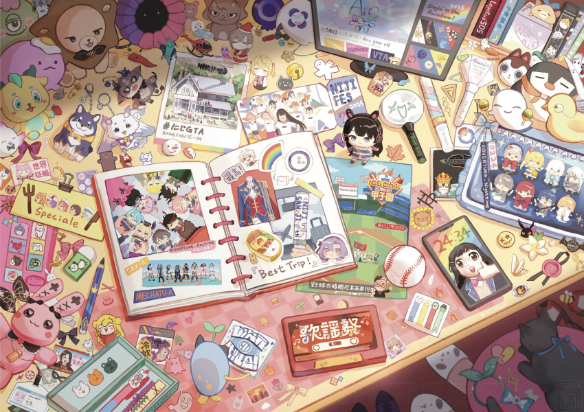 absurdly_detailed_composition, annotation_request, artist_name, ball, baseball_(object), bento, book, cassette_tape, cellphone, character_charm, character_doll, character_request, charm_(object), commentary, desk, deskmat, doll, emoji, everyone, fushimi_gaku, glowstick, hair_ornament, hebel_ishida, highres, hyakumantenbara_salome, kuzuha_(nijisanji), nijisanji, nijisanji_en, nijisanji_gta, nijisanji_id, nijisanji_idol_uniform, nijisanji_koshien, nijisanji_kr, no_humans, object_focus, open_book, partially_annotated, penlight_(glowstick), phone, photo_(object), polaroid_photo, poster_(object), scrapbook, sita_sita, slippers, smartphone, sticker, translation_request, twitter_username, unworn_hair_ornament, v, virtual_youtuber, watermark