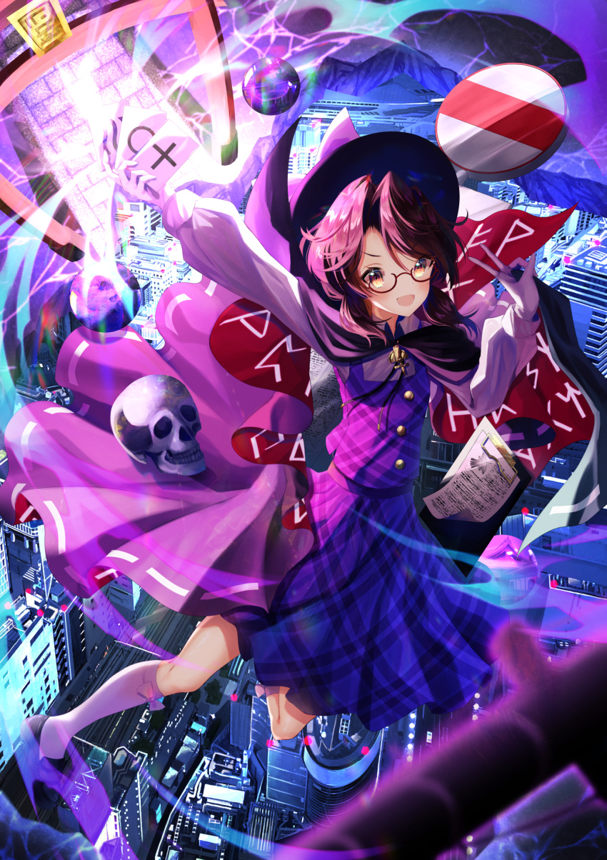 1girl, :d, a_world_underneath, black_cloak, black_hat, black_shoes, blush, bow