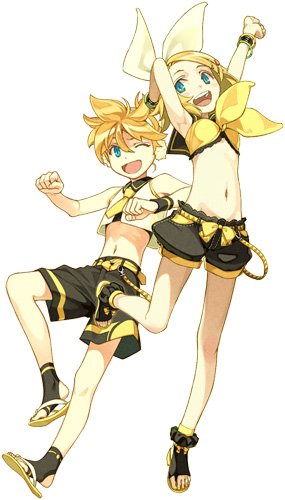 1boy, 1girl, adapted_costume, armpits, belly, blonde_hair, blue_eyes, bow