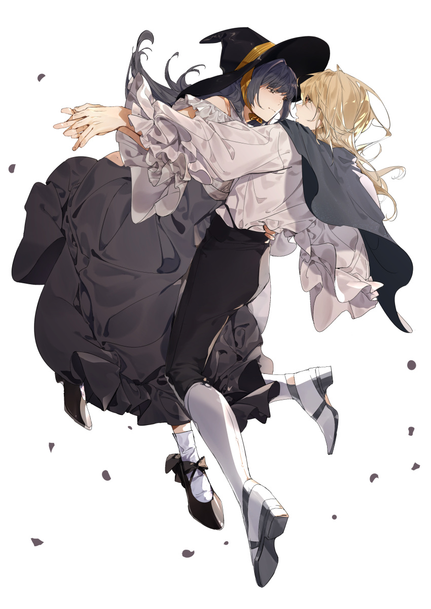 1boy, 1girl, absurdres, alkaid_mcgrath, alkaid_mcgrath_(midnight_epilogue), assertive_female, bare_shoulders, black_capelet, black_hair, black_hat, black_pants, black_shoes, black_skirt, blonde_hair, boots, bow, capelet, chinstrap, closed_mouth, dancing, face-to-face, falling_petals, footwear_bow, frilled_shirt, frilled_sleeves, frills, full_body, green_eyes, hair_between_eyes, hand_on_another's_back, hat, heroine_(lovebrush_chronicles), highres, holding_hands, knee_boots, long_hair, long_skirt, long_sleeves, lovebrush_chronicles, medium_hair, off-shoulder_shirt, off_shoulder, open_mouth, outstretched_arm, pants, pants_tucked_in, petals, rhg, shirt, shoe_soles, shoes, simple_background, skirt, socks, white_background, white_boots, white_shirt, white_socks, witch_hat