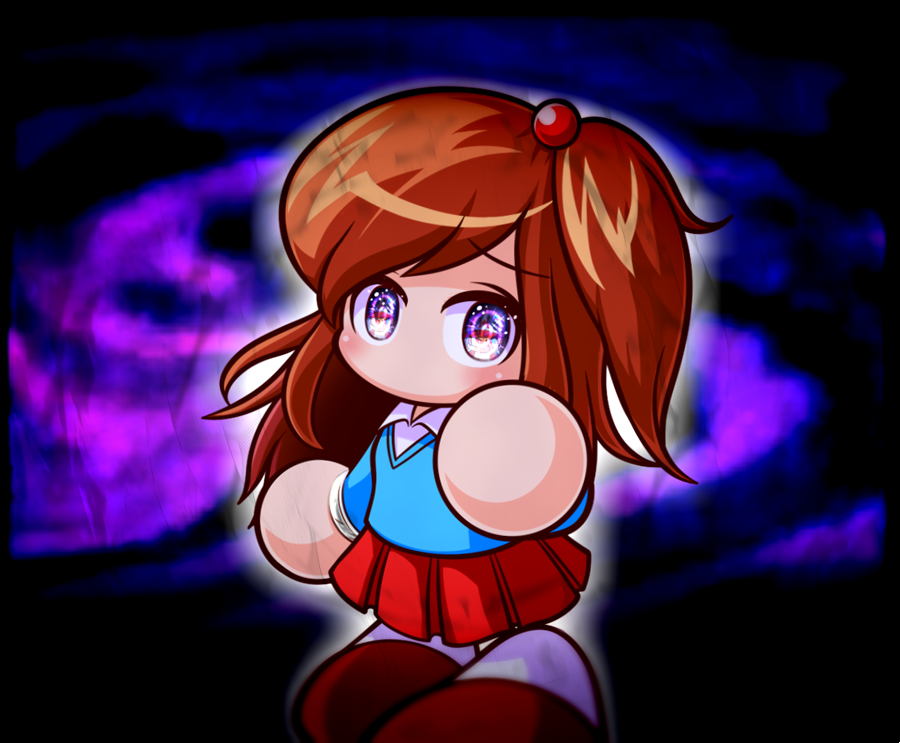 1girl, @_@, asouuuu, aura, blue_vest, brown_hair, brown_shoes, dark_aura