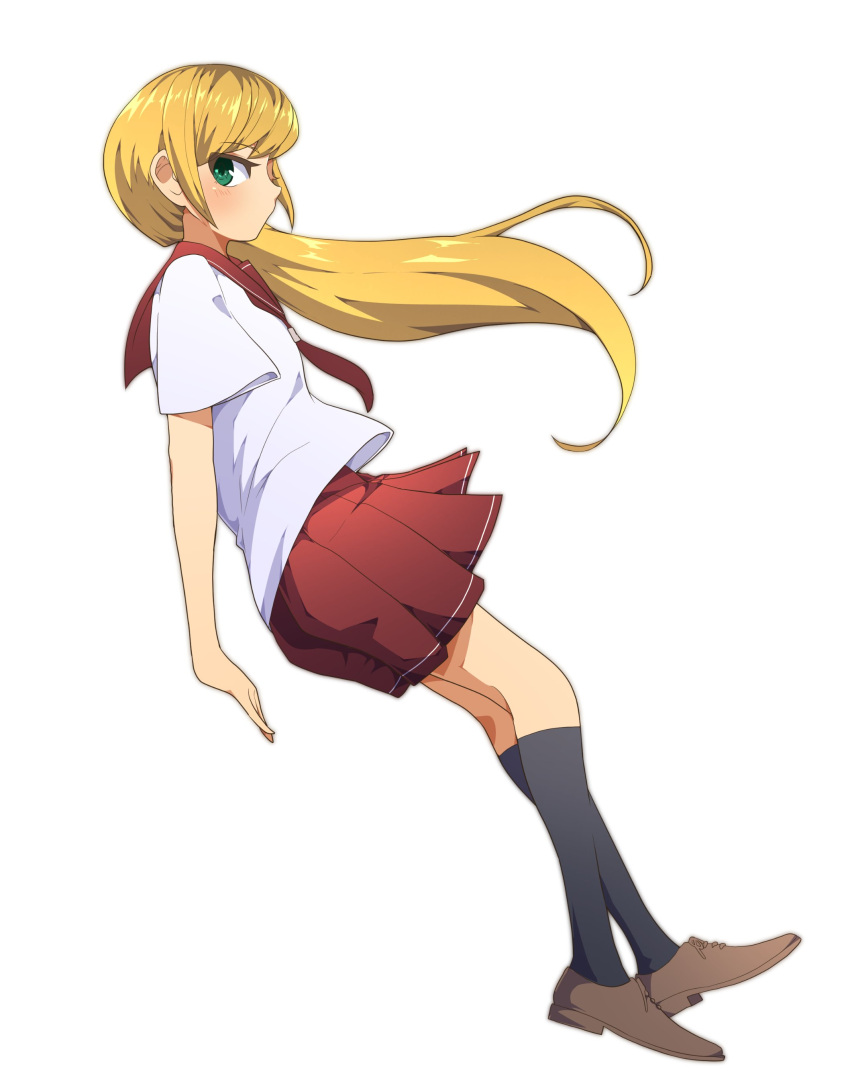 1girl, absurdres, ajinayou, black_thighhighs, blonde_hair, brown_shoes, from_side, green_eyes
