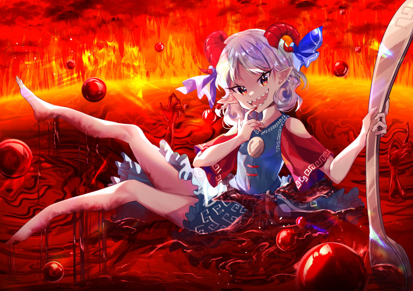 1girl, barefoot, blue_bow, blue_shirt, blue_skirt, bow, commentary, detached_sleeves, earrings, goat_horns, hair_bow, highres, holding, holding_spoon, hoop_earrings, horns, jewelry, looking_at_viewer, meandros_print, motor_oil, nettian51, open_mouth, orange_eyes, oversized_spoon, pointy_ears, red_sleeves, sharp_teeth, shirt, short_hair, skirt, solo, spoon, teeth, touhou, toutetsu_yuuma, white_hair