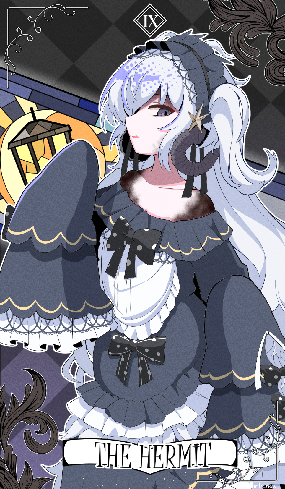 1girl, black_skin, colored_skin, commentary, dress, frilled_dress, frills, goat_horns