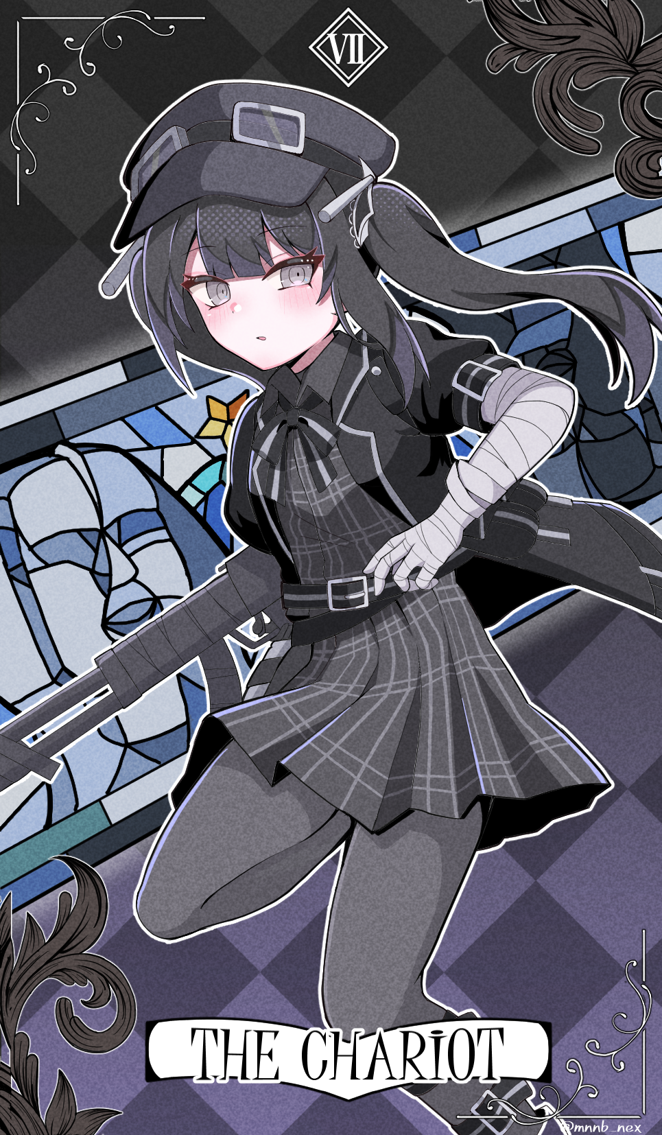1girl, bandaged_arm, bandages, black_hair, black_hat, cardigan, commentary, goggles