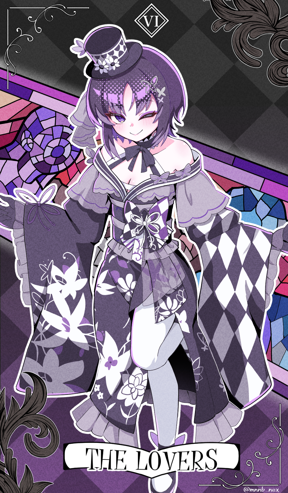 1girl, black_hat, black_kimono, bug, butterfly, butterfly_hair_ornament, butterfly_hat_ornament, checkered_sleeves