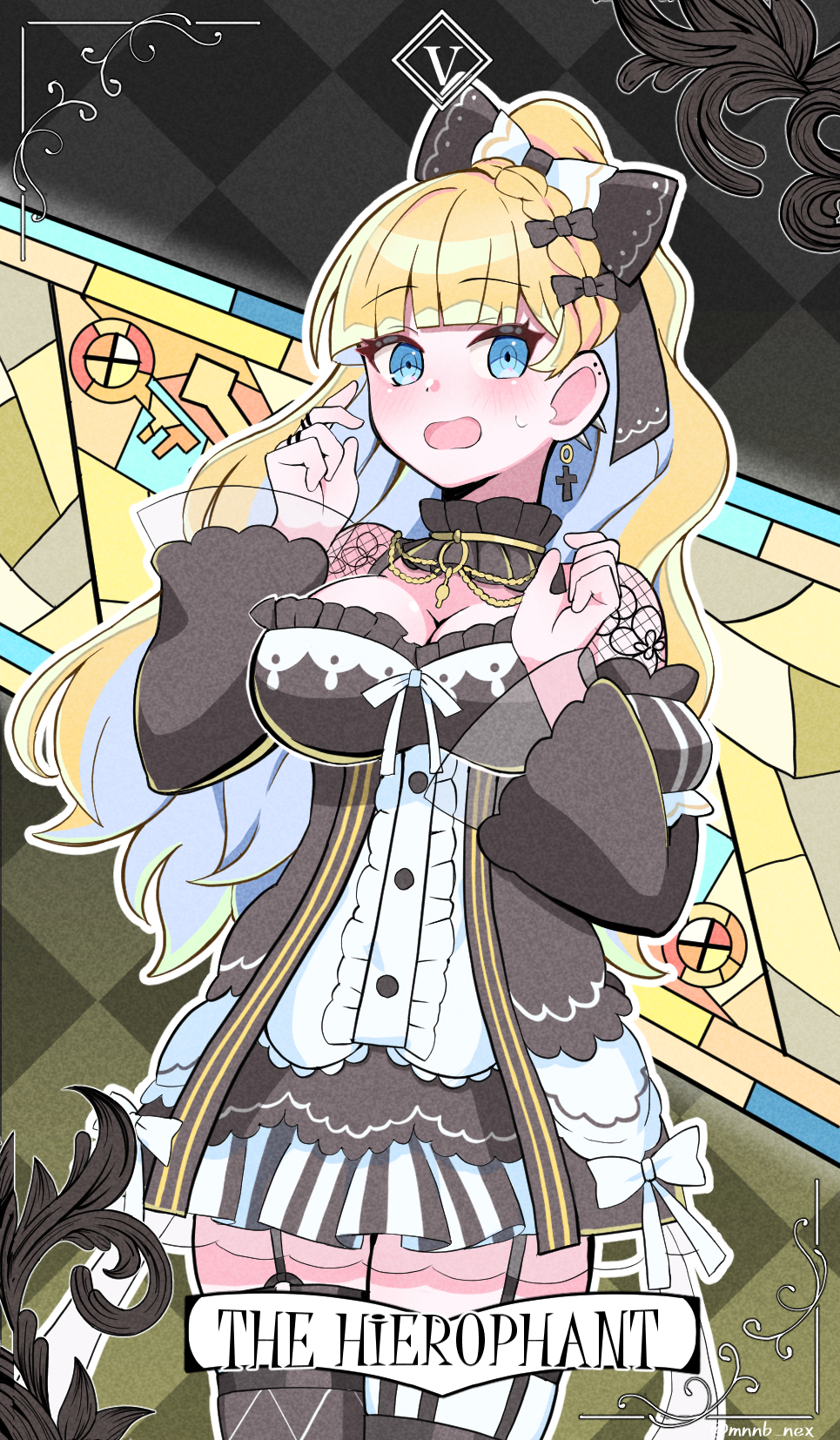 1girl, aqua_eyes, black_choker, black_dress, blonde_hair, bow, breasts, choker