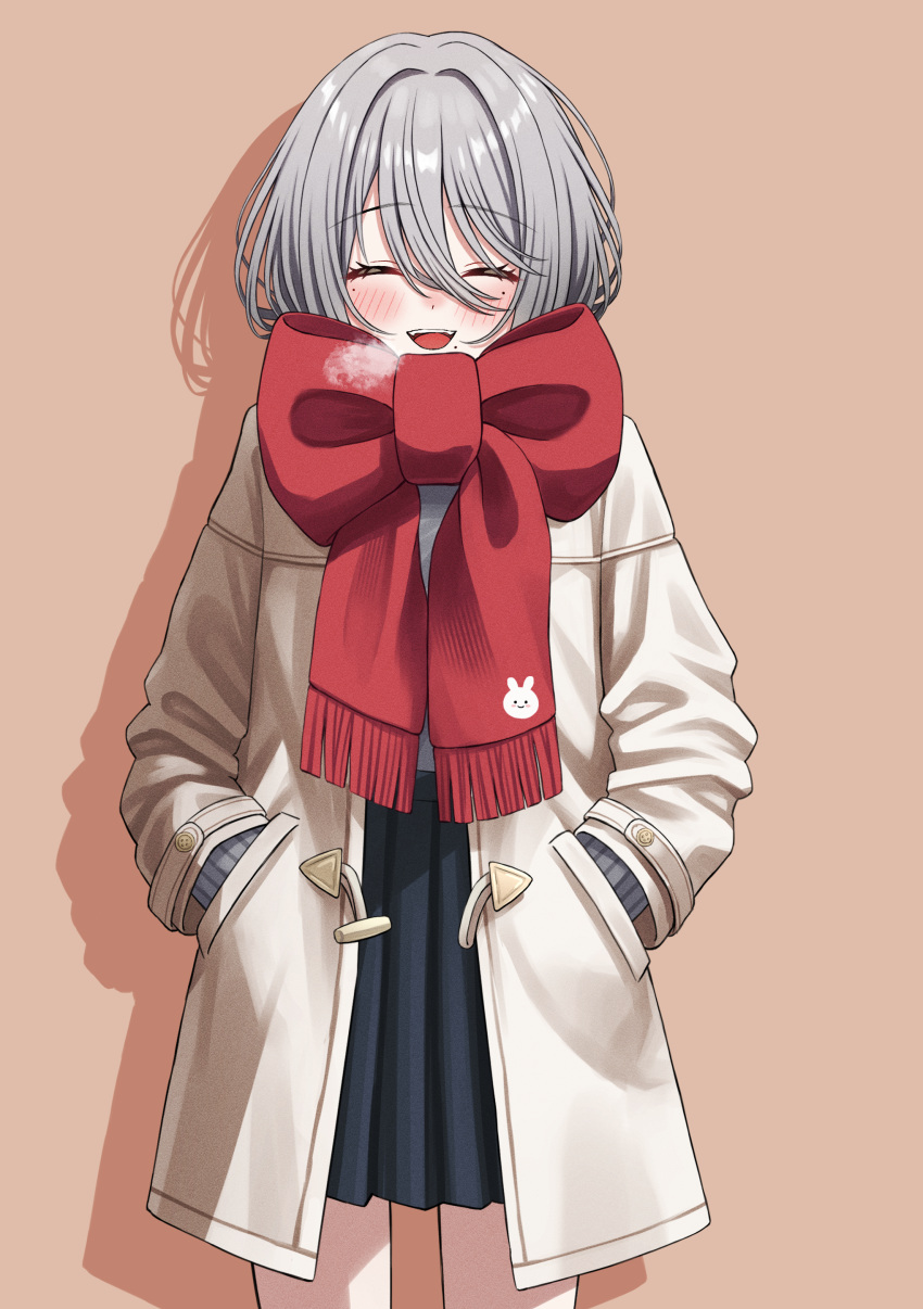 1girl, absurdres, black_shirt, bow, closed_eyes, coat, facing_viewer, grey_hair