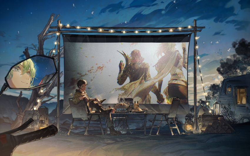 1boy, absurdres, bare_tree, camper_trailer, chair, claude_von_riegan, claude_von_riegan_(almyra's_king), claude_von_riegan_(timeskip)