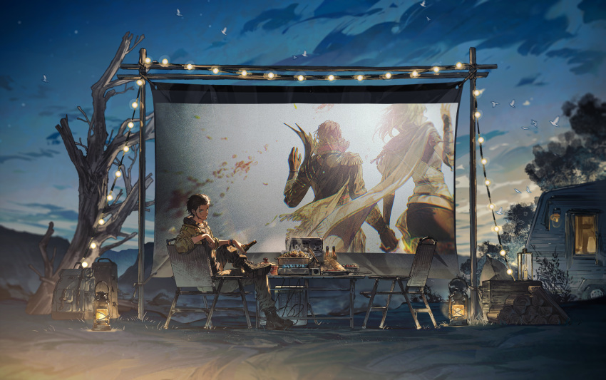 1boy, absurdres, bare_tree, camper_trailer, chair, claude_von_riegan, claude_von_riegan_(almyra's_king), claude_von_riegan_(timeskip)